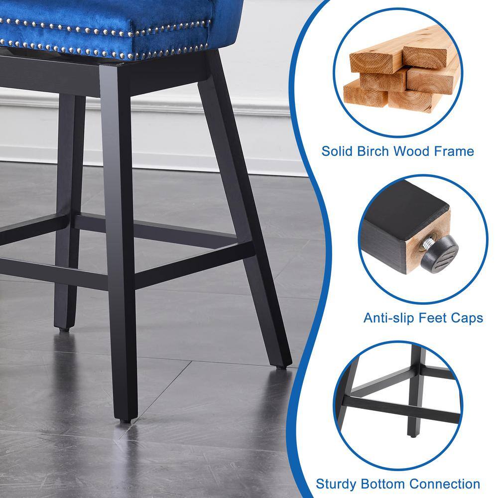 Blue Velvet Upholstered Swivel Counter Stools with Solid Wood Legs, Set of 2