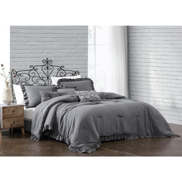 Unbranded Davina 6-Piece Solid Gray Enzyme Washed King Comforter Set with 3 Decorative Pillows