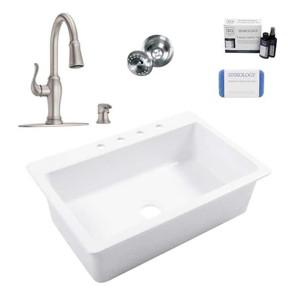 SINKOLOGY Jackson 33 in. 4-Hole Drop-In Single Bowl Crisp White Fireclay Kitchen Sink with Maren Stainless Faucet Kit