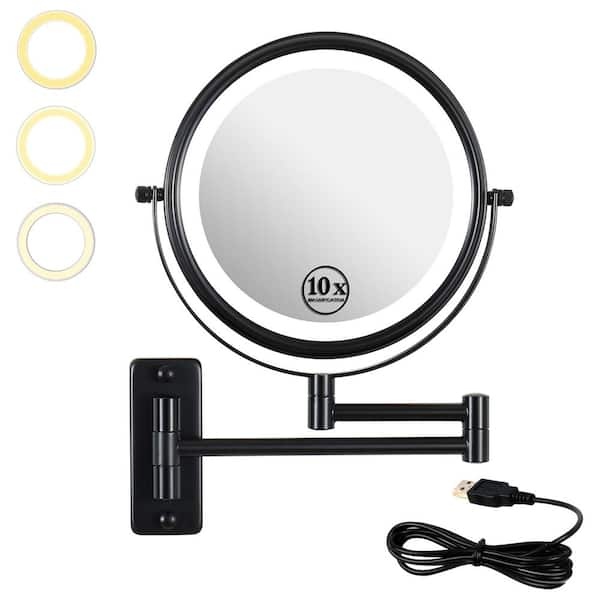 LED Lighted 8 in. W x 8 in. H Round 2 Side 1x/10x Magnifying Wall Bathroom Makeup Mirror in Matte Black (Type-C Charge)