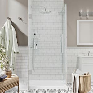 Tampa-Pro 32in. L x 32in. W x 75in. H Corner Shower Kit w/Pivot Frameless Shower Door in Chrome w/Shelves and Shower Pan