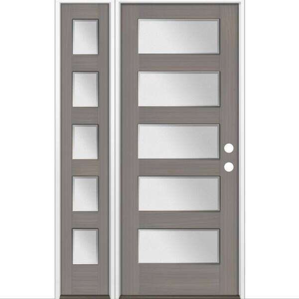 Krosswood Doors 50 in. x 80 in. Modern Hemlock 5-Lite Left-Hand/Inswing Frosted Glass Grey Stain Wood Prehung Front Door w/ LSL