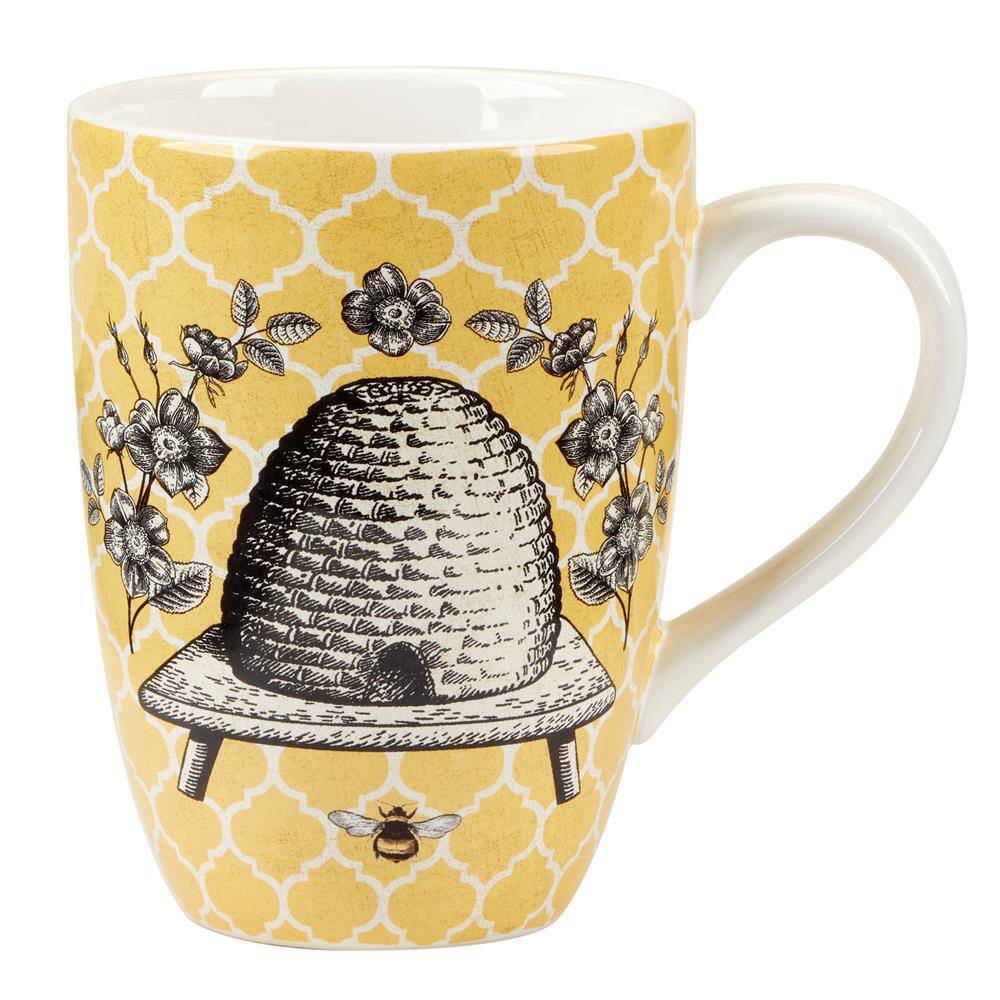 French Bees Yellow and White Ceramic 20 oz. Mugs, Set of 4