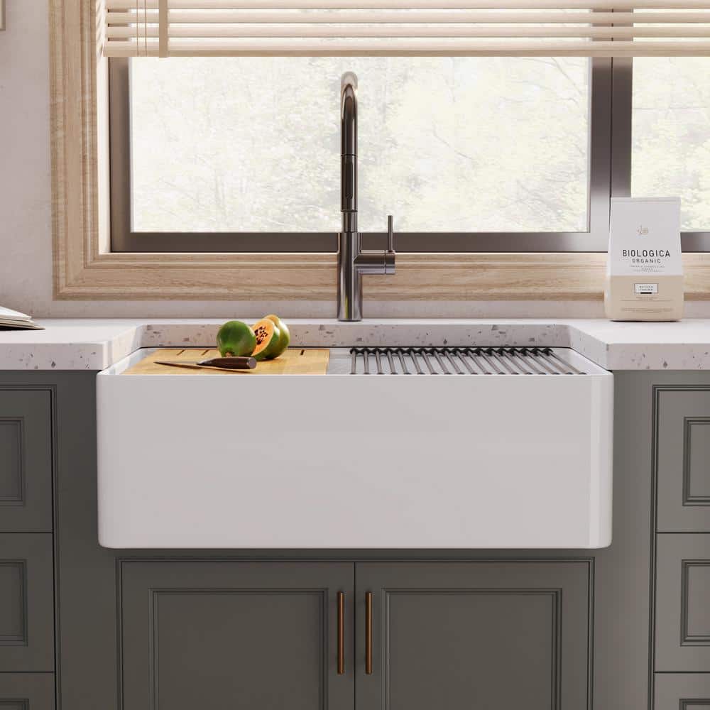 White Fireclay Single Basin Farmhouse Workstation Kitchen Sink