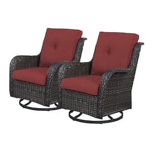 Outdoor Swivel Brown Wicker Outdoor Rocking Chair with CushionGuard Red Cushions Patio (2-Pack)