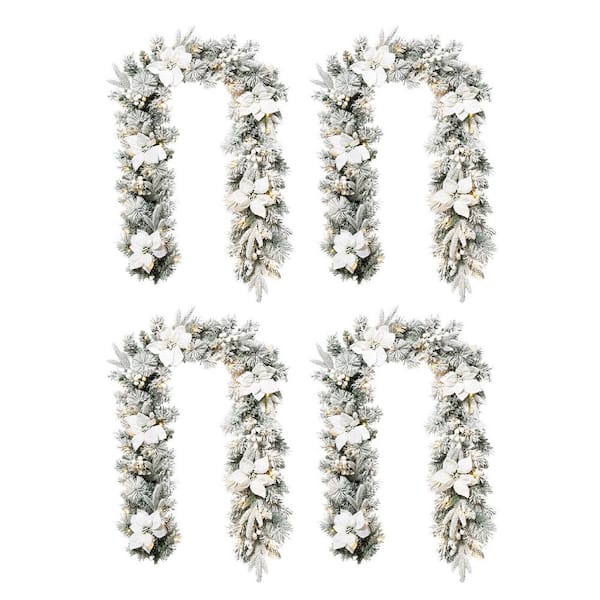 6 ft. Pre-Lit Flocked Greenery Pine White Poinsettia Christmas Garland, with 50 Warm White Lights with Timer (Set of 4)