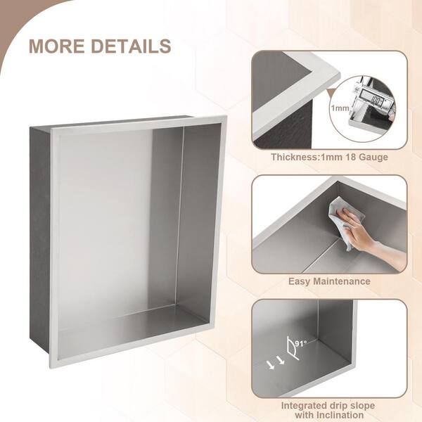 Dawn 14x14 Inch Stainless Steel Shower Niche - Waterproof, Sand Coated, For Tile Installation