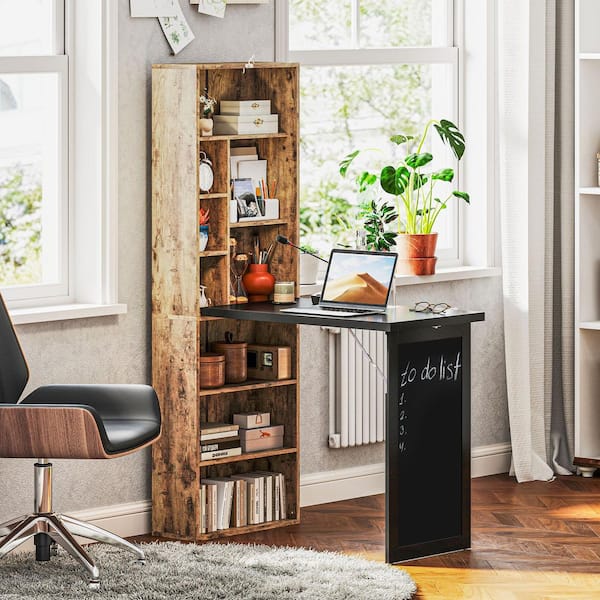 Fold-Out Convertible Writing Table 20 in. Computer Desk with Blackboard and Side Shelf Multi-Function Home, Rustic Brown
