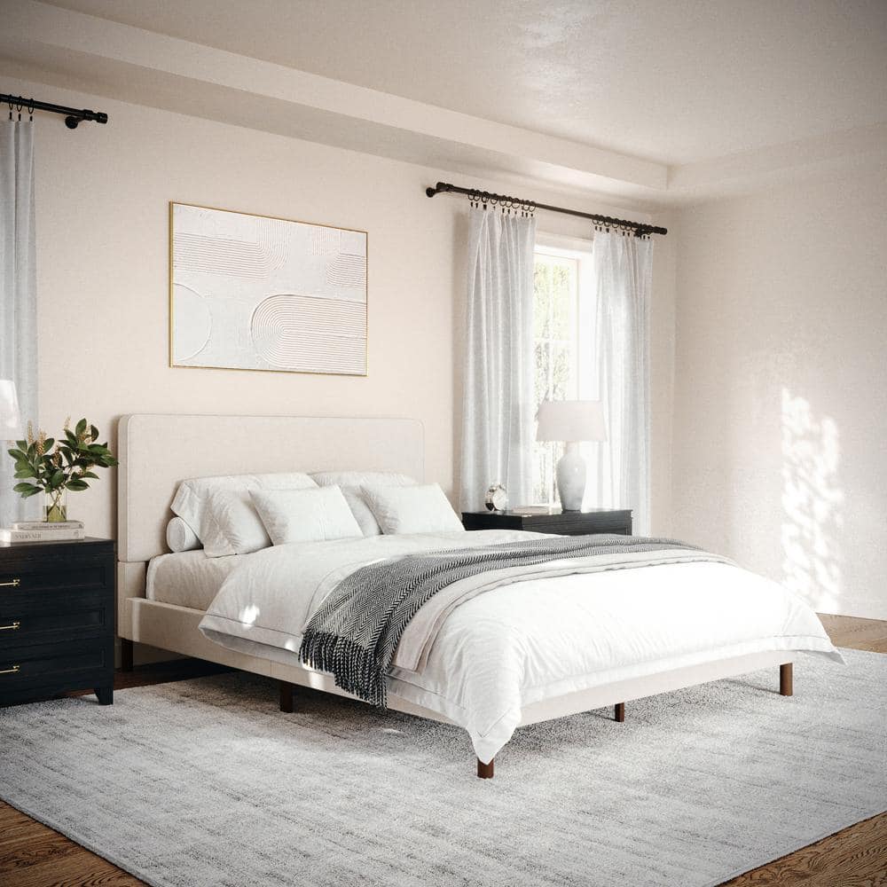 Queen Beige Linen Upholstered Platform Bed with Storage Drawer