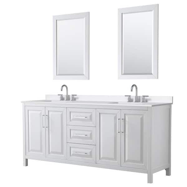 Wyndham Collection Daria 80 in. W x 22 in. D x 35.75 in. H Double Bath Vanity in White with White Quartz Top and 24 in. Mirrors