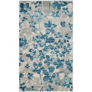 Evoke Gray/Light Blue Doormat 3 ft. x 5 ft. Floral Area Rug