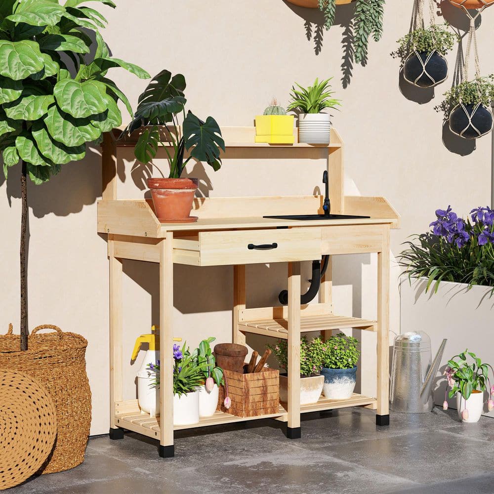 Natural Wood Potting Bench Table with Removable Sink Station