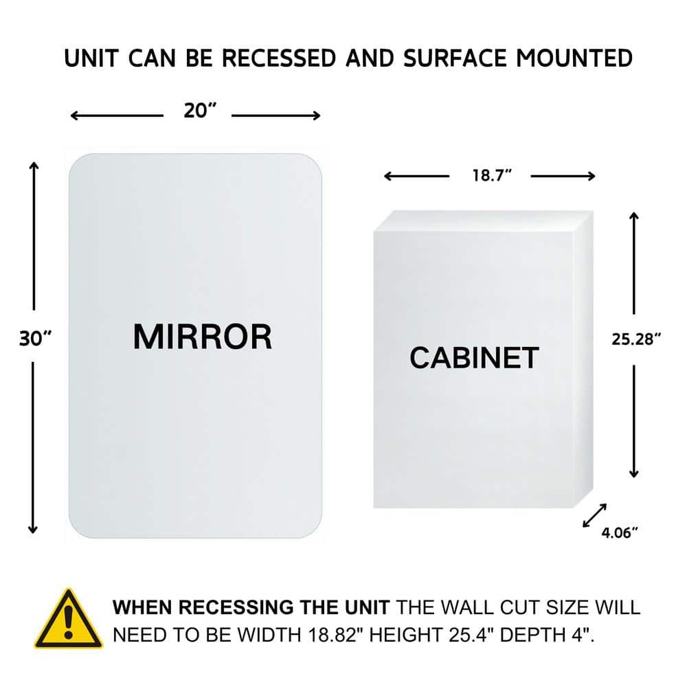 White Frameless Rectangular Medicine Cabinet with Mirror, 20 x 30 inches