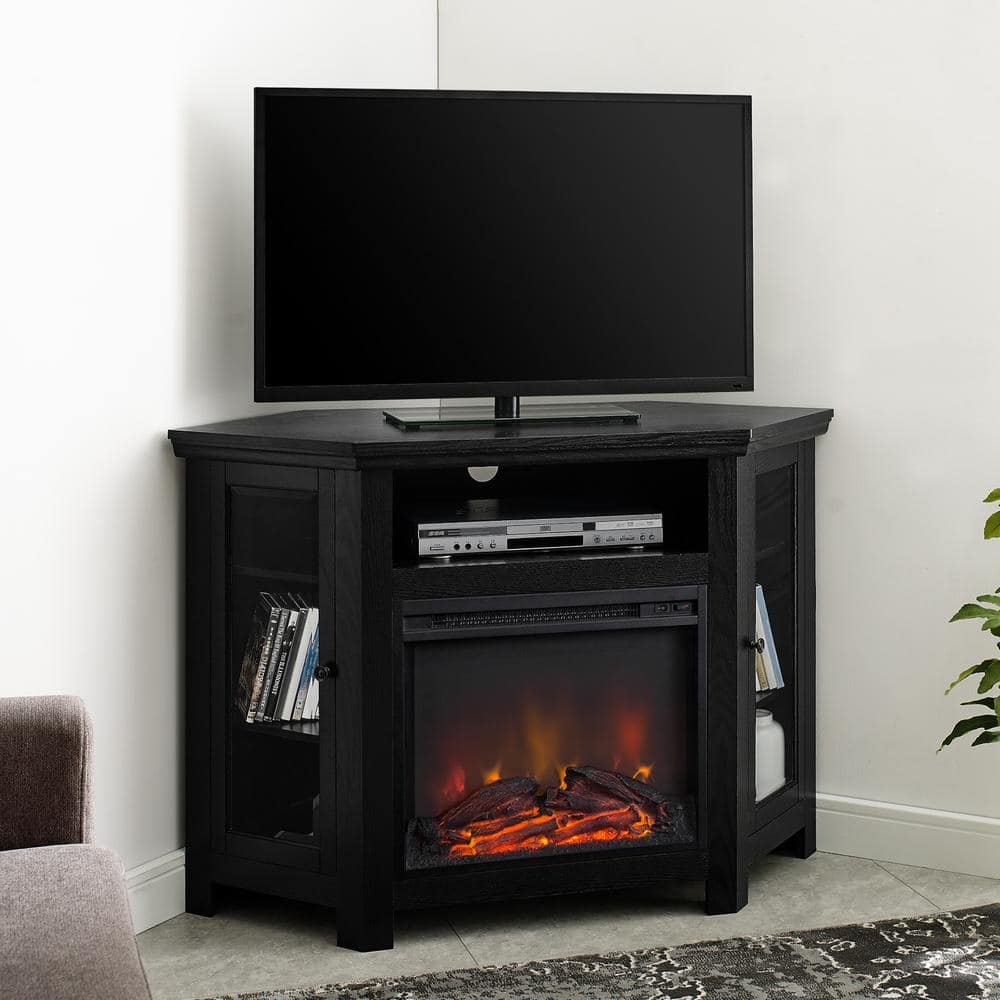 Black Corner TV Stand with Electric Fireplace and Cabinet