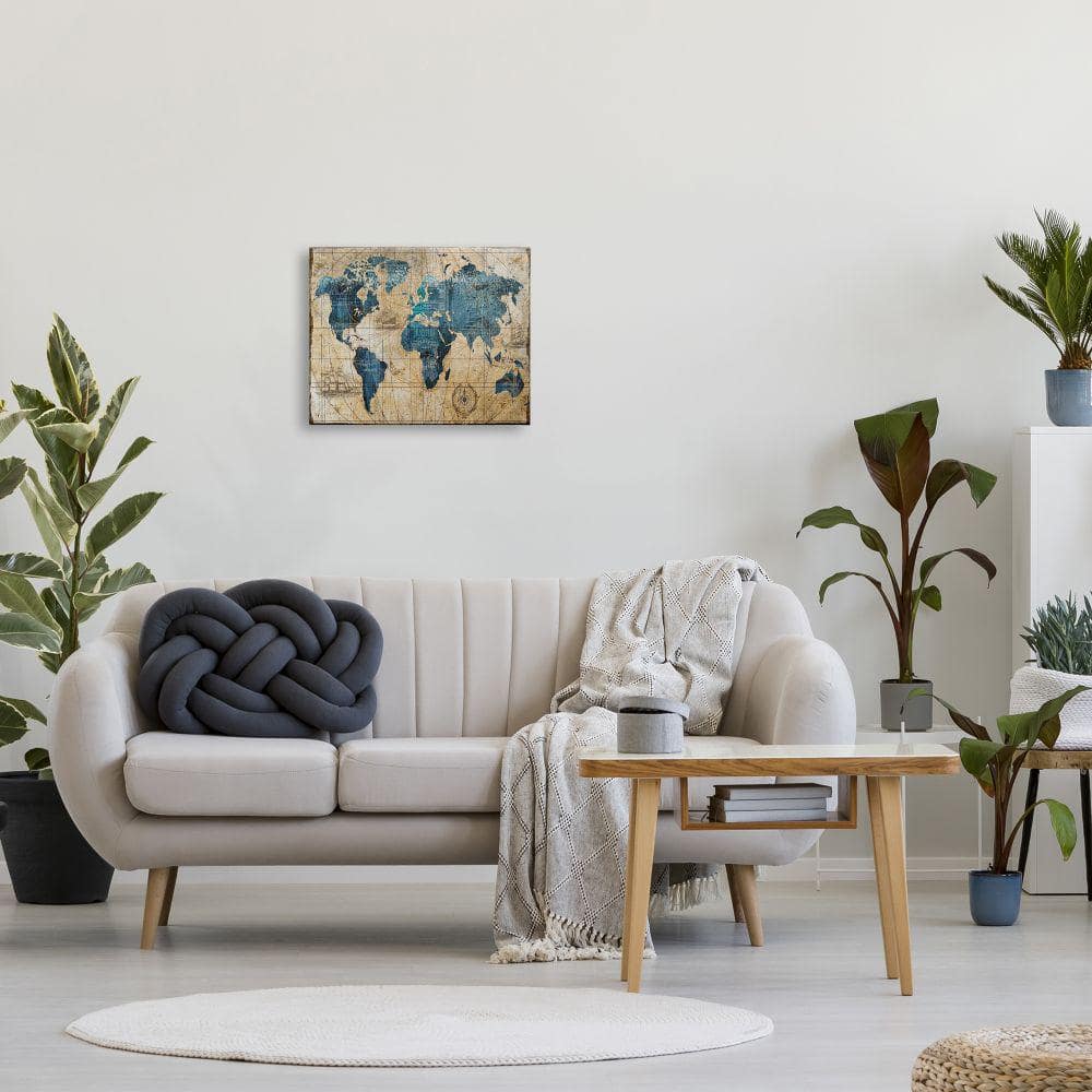 Vintage Blue and Beige Abstract World Map Canvas Art