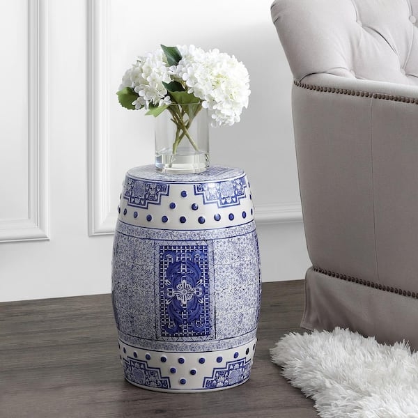 17.8 in. Blue/White Chinoiserie Acanthus Ceramic Drum Garden Stool