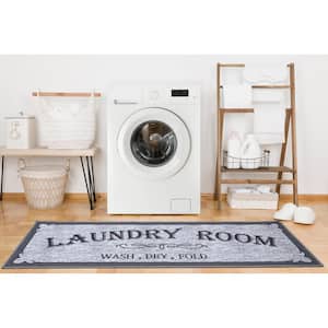 Laundry Collection Non-Slip Rubberback Laundry Text 2x5 Laundry Room Runner Rug, 20 in. x 59 in., Light Gray