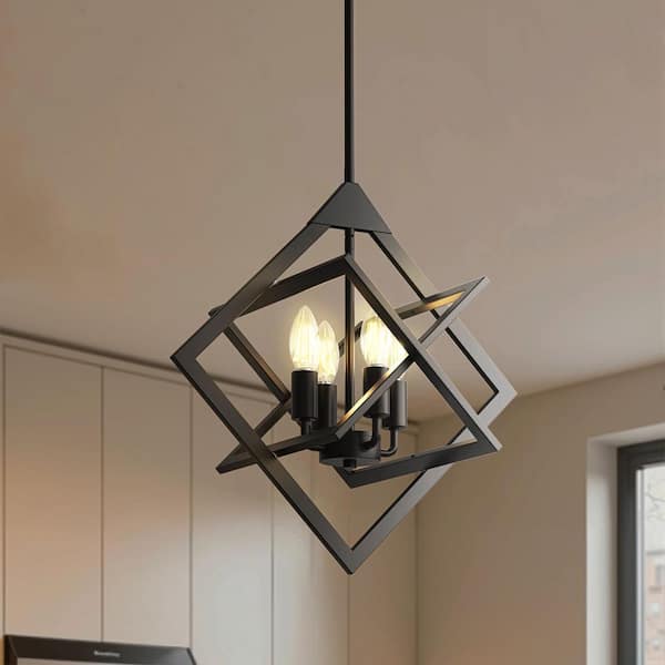 4-Light Modern Black Geometric Chandelier with Cube Metal Frame E12 Ceiling Fixture for Dining Room Living Room