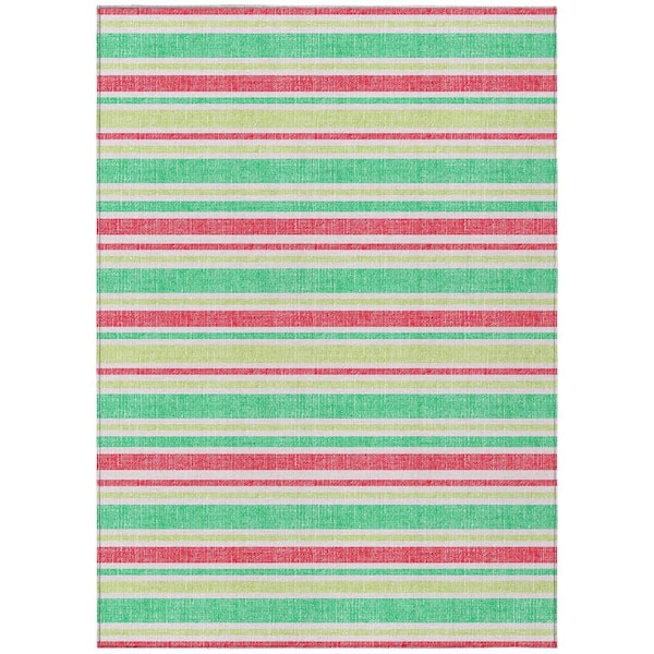Green 10 ft. x 14 ft. Woven Striped Polyester Rectangle Indoor/Outdoor Area Rug