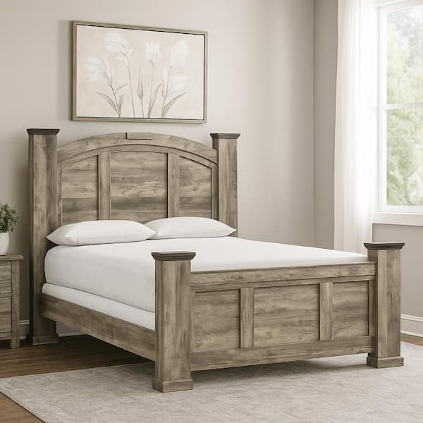 Elaya Light Gray and Dark Brown Wood Frame King Panel Bed with Headboard