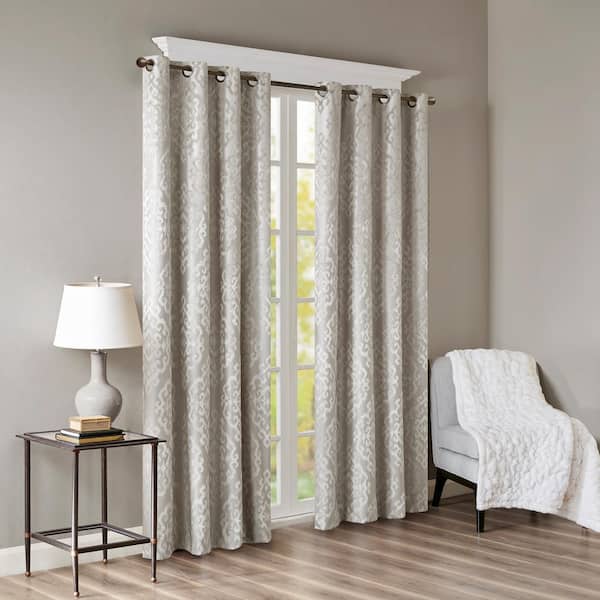 Sun Smart Elysia Silver Damask Knitted Jacquard Damask 50 in. W x 95 in. L Blackout Grommet Top Curtain