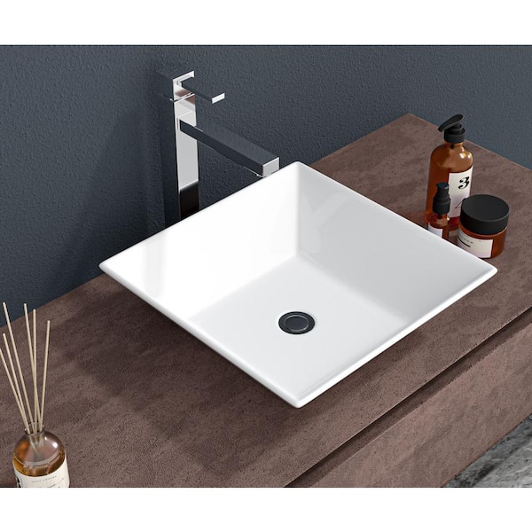 EPOWP 16 in. x 16 in. White Ceramic Square Bathroom Above Counter Vessel Sink LXVS3 The Home