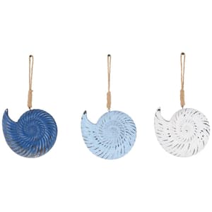 Wooden Blue Distressed Shell Wall Art with Jute Hanging Rope Set of 3