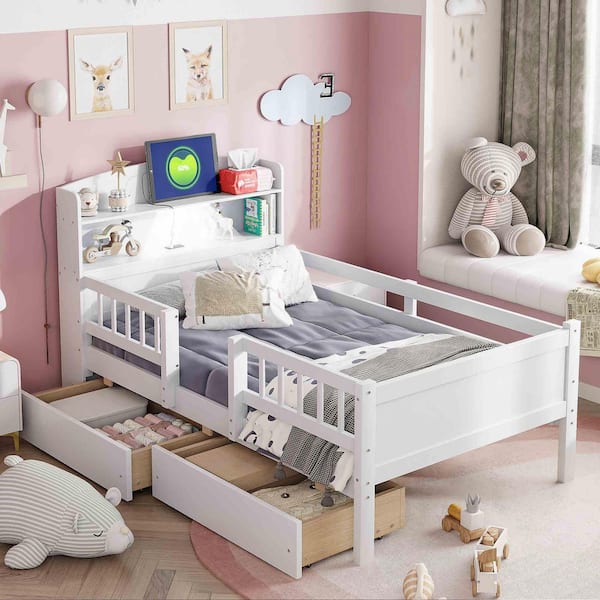 White Wood Frame Twin Platform Bed with Built-in LED Light, Multi-functional Headboard, Guardrail and 2 Drawers