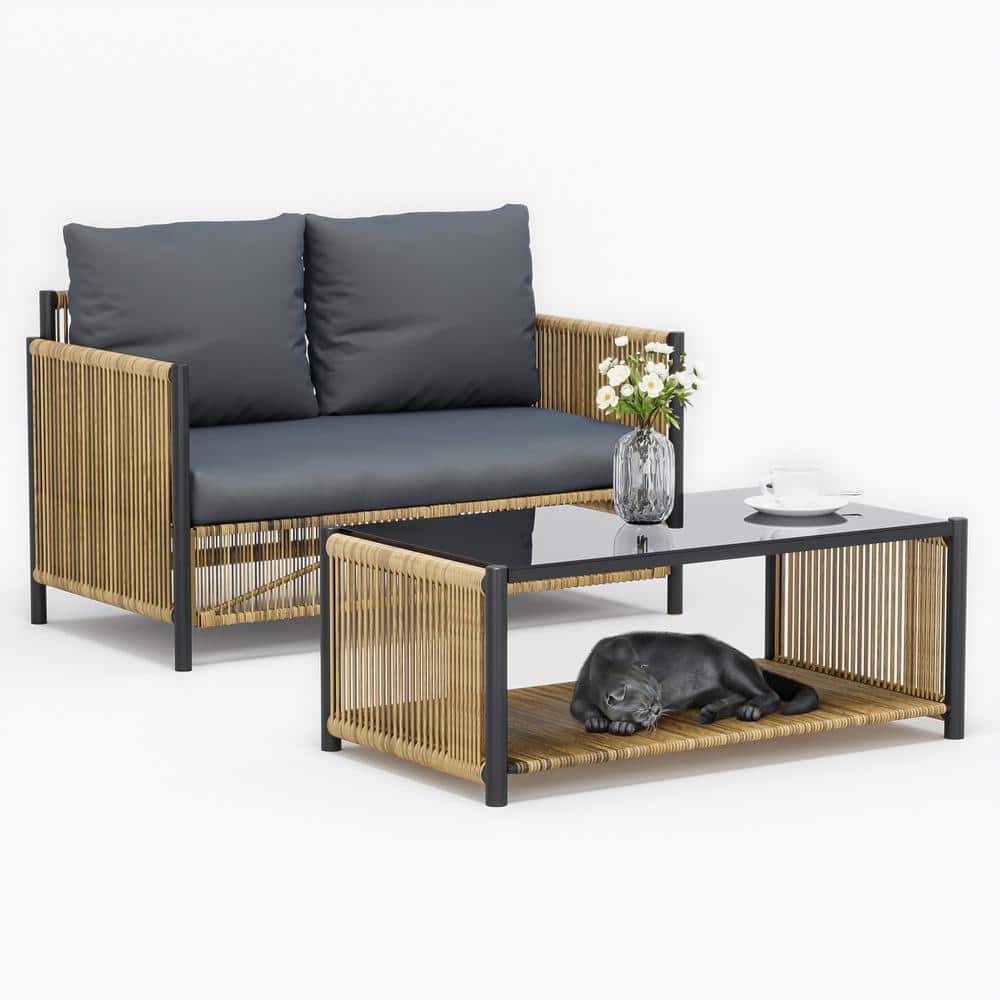 2 of Piece PE Wicker Outdoor Dining Patio Room Sofa Set with Tempered Glass