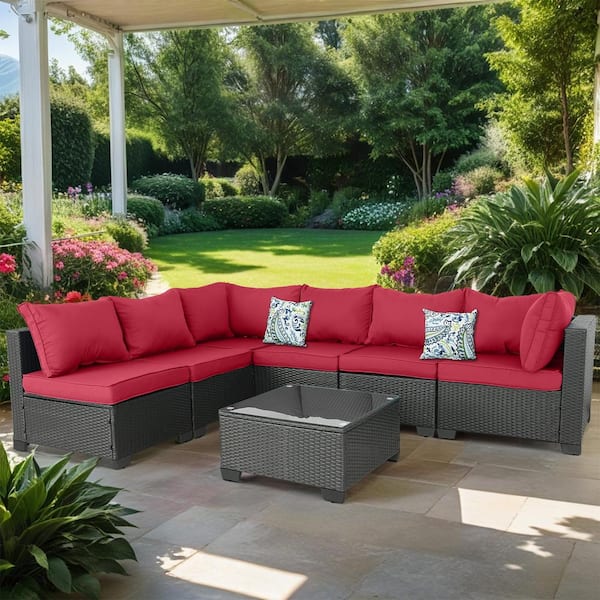 Unbranded Brown 7-Pieces Vertical backrest Wicker Outdoor Fabric Sofa Sectional Set with Red Cushions