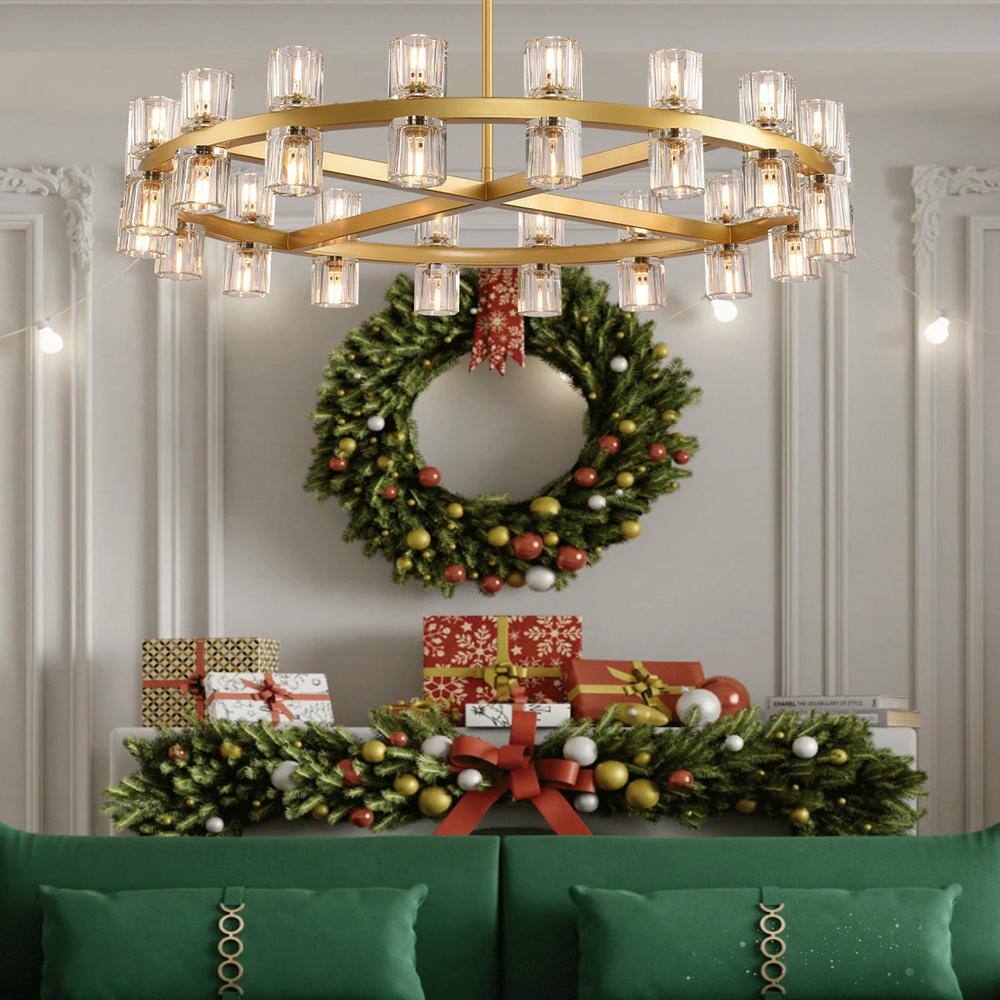 36-Light Gold Round Crystal Chandelier with LED Bulbs