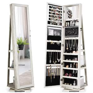 White Jewelry Armoire Rotatable Jewelry Cabinet Armoire 2-in-1 Lockable Mirrored Organizer 63.5 in. x 15 in. x 15 in.