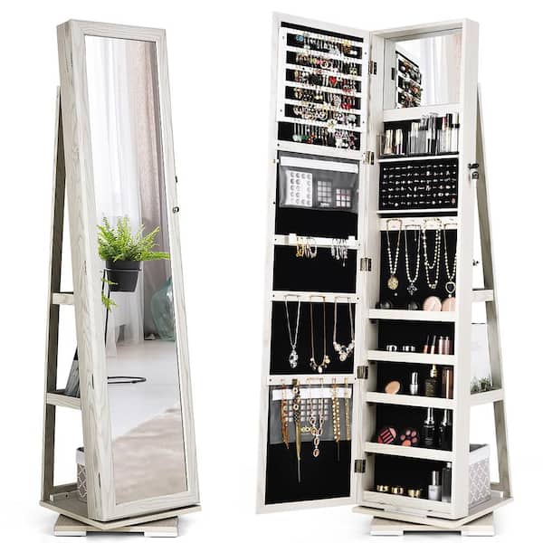 360° Rotatable Jewelry Cabinet Armoire 2-in-1 Lockable Mirrored White