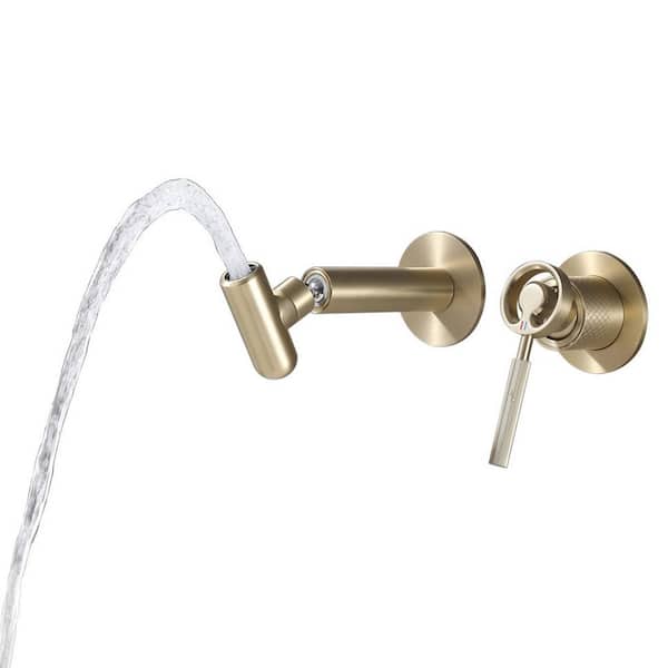 Single Handle Wall Mounted Bathroom Sink Faucet with 360° Swivel Spout Brass Modern Vanity Taps in Brushed Gold