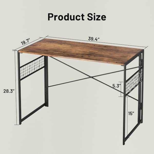Homy Casa HARUQ 39.4 in. Rectangle Rustic Brown Wood Table Top and Black MDF Folding Desk with Hooks and Metal Frame
