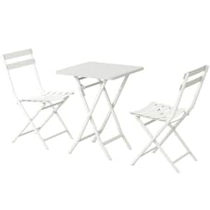White 3-Piece Metal Indoor Outdoor Bistro Set, Patio Dining Set Foldable Square Table and Chairs Set