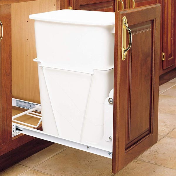 White Single Pull Out 35 Qt. Sliding Trash Can for Kitchen Cabinet