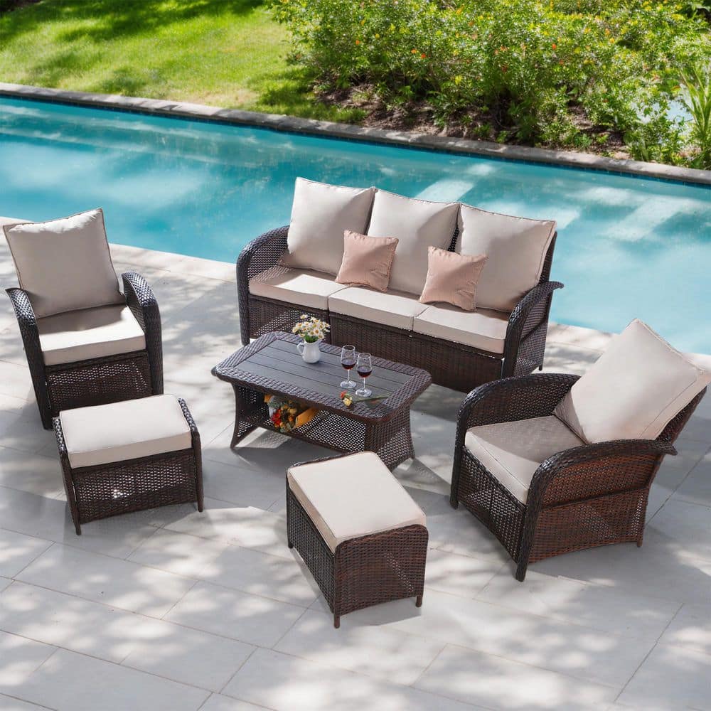 NOBLEMOOD Brown 6-Piece Wicker Outdoor Patio Conversation Sectional Seating Set Khaki Cushions HD-2032KH
