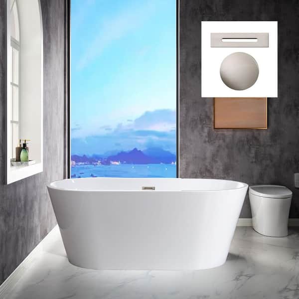 WOODBRIDGE 59 in. Acrylic FlatBottom Double Ended Bathtub with Brushed Nickel Overflow and Drain Included in White
