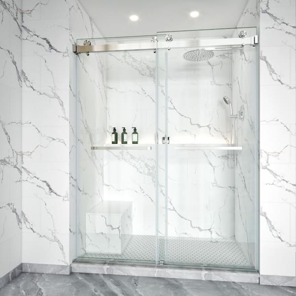 50-55 in. W x 76 in. H Double Sliding Frameless Shower Door Brushed Nickel with 3/8 in. Clear Glass with 2-Towel Bar