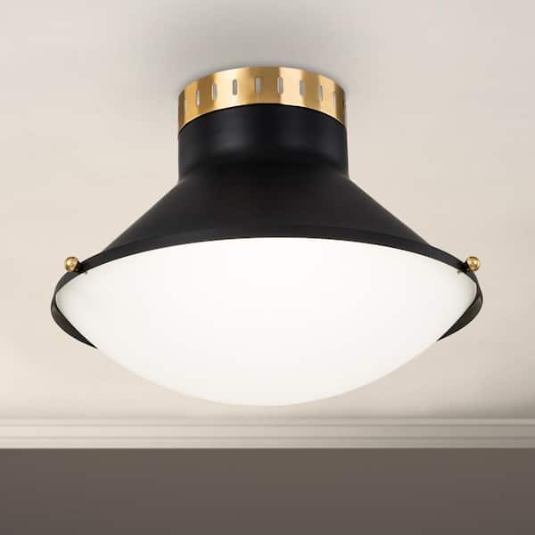 C Cattleya 16 in. 15-Watt Modern Black Color Selectable 3000K/4000K/5000K Dimmable LED Flush Mount with White Glass Shade
