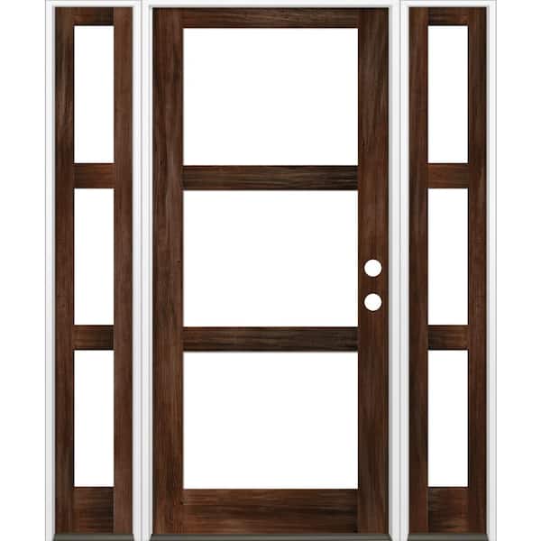 Krosswood Doors 70 in. x 96 in. Modern Hemlock Left-Hand/Inswing 3-Lite Clear Glass Red Mahogany Stain Wood Prehung Front Door with DSL