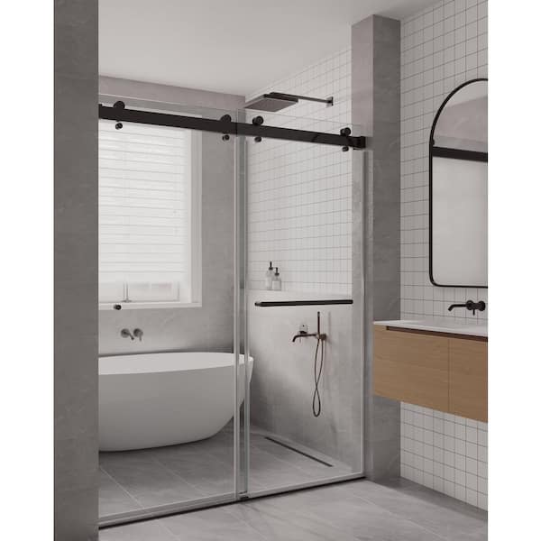 SP Series 68 - 72 in. W x 77 in. H Frameless Double Sliding Glass Shower Door With 3/8 in. Tempered Glass in Matte Black