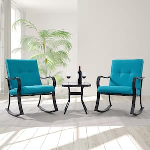 3-Piece Black Metal Frame Outdoor Bistro Set 2-Rocking Chairs with Lake Blue Cushions and Tempered Glass Side Table