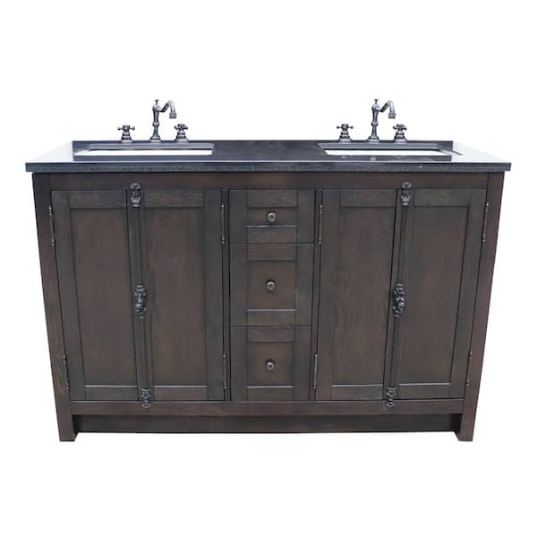 Plantation 55 in. W x 22 in. D Double Bath Vanity in Brown with Granite Vanity Top in Black with White Rectangle Basins