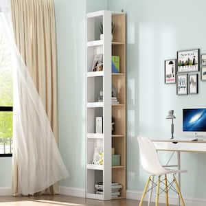 78.7 in. Tall White & Wood Grain 6-Tier Shelves Standard Bookcase, Accent Cabinet, Tall & Thin Corner Storage Cabinet