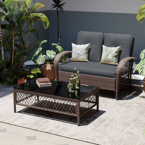 UPHA 2 Person Outdoor Brown Wicker Sofa Seating with Coffee Table for Patio, Balcony in Dark Gray