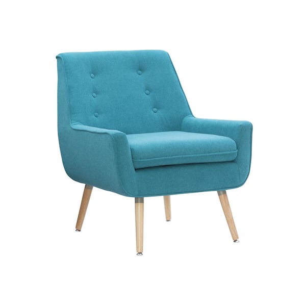Linon Home Decor Lynne Teal Blue Twill Upholstered Accent Chair with Button Tufted Back and Natural Wood Legs