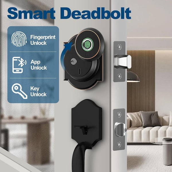 3 in 1 Aluminum Smart Lock Deadbolt with App Biometric Door Knob, Keyless Entry Door Lock, in Black