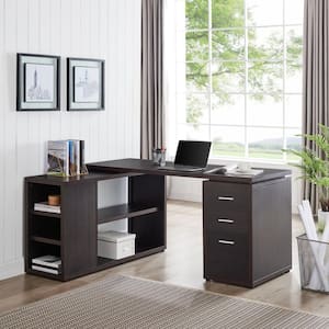 24 in. L-Shaped Desk with Drawers, Large Modern Computer Desk, Storage Drawers and Shelves for Home Office in Espresso